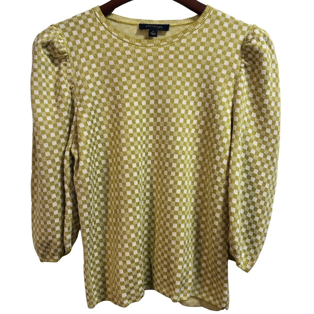 Ann Taylor Puff Sleeve Sweater Lime & Cream M